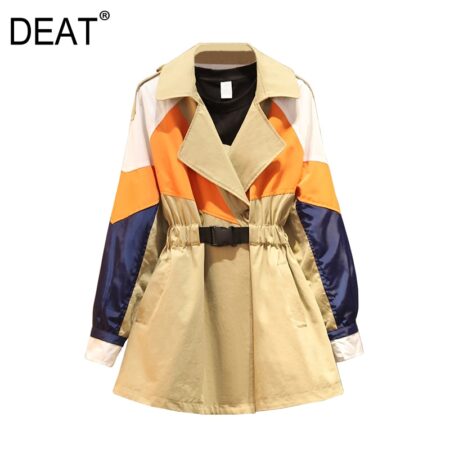 [Deat] Losse Fit Spliced Hit Kleur Geplooide Jas Revers Lange Mouwen Vrouwen Jas Mode Tij Lente Herfst 13S738