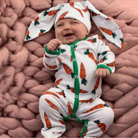 * 2 Stuks Winter Jumpsuit Voor Baby Baby Baby Jongens & Meisjes Cartoon Wortel Print Romper Jumpsuit + Rrabbit Oren hoed Set 0-18 Maanden