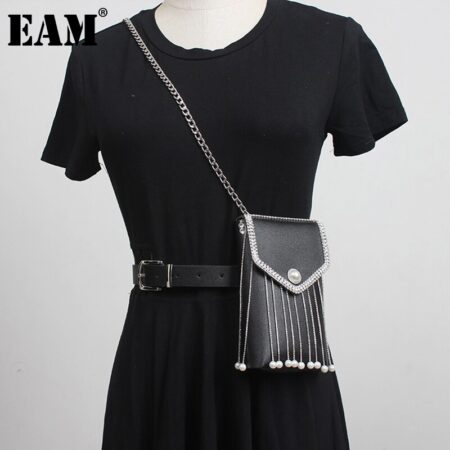 [Eam] Vrouwen Flash Strass Metalen Ketting Zwarte Pu Lederen Riem Persoonlijkheid Mode Alle-Match Lente Herfst 1DD4385