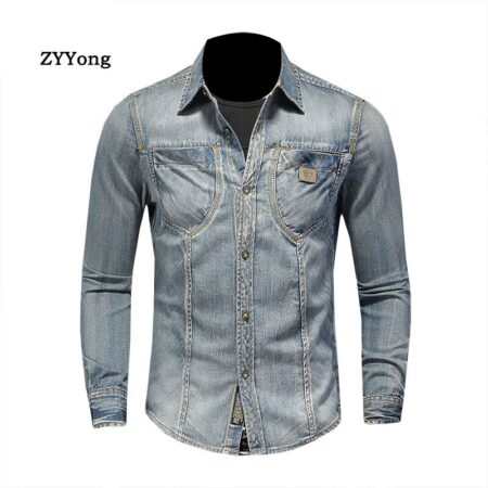Zyyong mode reversibele lange mouwen heren denim shirt retro slim blauw motorstijl heren shirt lange mouwen dunne jas