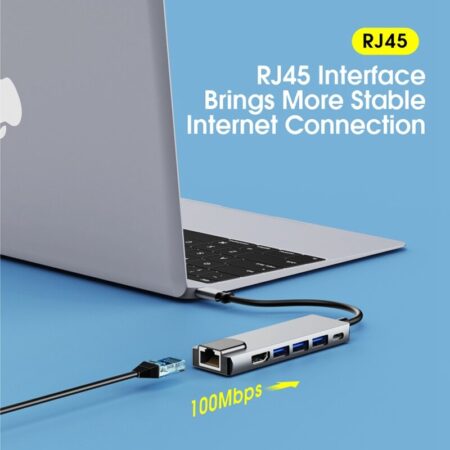 6 in 1 usb c hub met ethernet 1000Mbps, 4K HDMI, twee USB 3.0 en USB 3.1 oplaadpoorten, compatibel met
